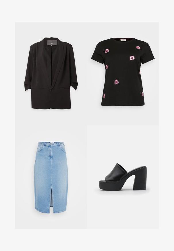 Sort åben blazer med hak-kraver, trekvartlange ærmer og to forlommer med slidser, vist mod en hvid baggrund.; Sort bomulds t-shirt med pink blomsterbroderi i spredte designs. Rund hals og korte ærmer. Blød tekstur, afslappet pasform.; Lys blå denimnederdel med lige snit, mellemlang design, forkantsspring, fem lommer og metalknapdetalje i taljen.; Sorte højhælede mules med en glat læderoverdel og en tyk platformssål, der har åben tå og skrå blokhæl design.