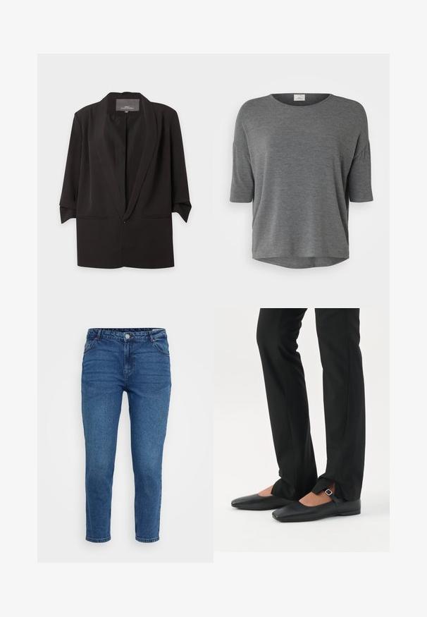 Sort åben blazer med hak-kraver, trekvartlange ærmer og to forlommer med slidser, vist mod en hvid baggrund.; Grå kortærmet top i blødt stof med en afslappet pasform, rund halsudskæring og buet kant. Ingen udprægede mønstre eller detaljer.; Blå denim jeans med mellemhøj talje, fem-lomme design og lige ben. Har stikninger og metalhardware-detaljer.; Ben iført sorte smalle bukser med forreste slidser ved kanten, parret med sorte flade Mary Jane-sko med lille spænde.