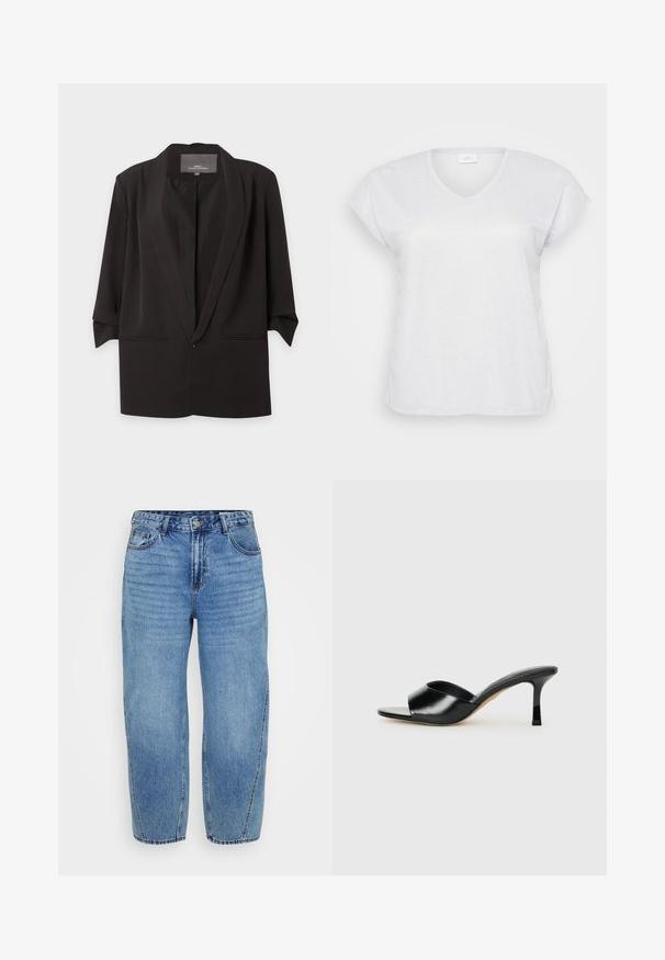 Schwarzer, offen getragener Blazer mit Spatenrevers, dreiviertel Ärmel und zwei vorderen Einschubtaschen, vor weißem Hintergrund dargestellt.; Weißes, kurzärmliges V-Ausschnitt-T-Shirt mit einem subtilen Schimmer-Effekt, das einen lässigen Schnitt aufweist und keine sichtbaren Muster oder Akzente hat.; Hellblaue Denim-Jeans mit lockerer Passform, mittlerer Taille, fünf Taschen und kontrastierenden Nähten. Weicher Stoff mit subtiler Textur.; Schwarze Leder-Pumps mit hohen Absätzen und offenem Zehenbereich sowie einem breiten, geschwungenen Oberriemen. Glatte Textur und schlanker Silhouette.