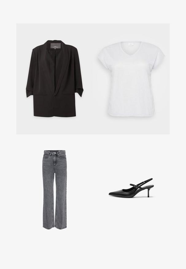 Schwarzer, offen getragener Blazer mit Spatenrevers, dreiviertel Ärmel und zwei vorderen Einschubtaschen, vor weißem Hintergrund dargestellt.; Weißes, kurzärmliges V-Ausschnitt-T-Shirt mit einem subtilen Schimmer-Effekt, das einen lässigen Schnitt aufweist und keine sichtbaren Muster oder Akzente hat.; Graue Denim-Jeans mit hoher Taille und geradem Bein, vorne mit Knöpfen und Reißverschluss sowie klassischem Fünf-Taschen-Design.; Schwarze Leder Slingback-Absätze mit einer spitzen Zehenform, schmalem verstellbarem Riemen und einem etwa 5 cm hohen Stiletto-Absatz, glatte Textur.