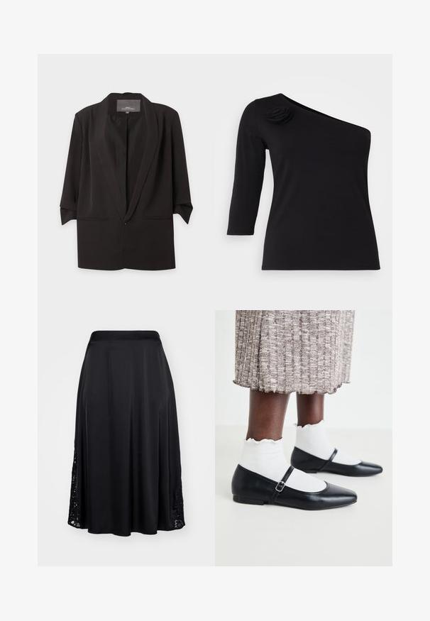 Zwarte open blazer met inkeping revers, driekwart mouwen en twee frontzakken met split, weergegeven tegen een witte achtergrond.; Zwarte off-shoulder top met driekwartmouwen, voorzien van een decoratieve stoffen roos op de linkerschouder, gemaakt van een gladde, rekbare stof.; Zwarte satijnen rok met een middellange ontwerp. Voorzien van kantdetails langs de zijnaad, een soepele textuur en een getailleerde tailleband.; Zwarte ballerina's met een spitse neus en platte hak, voorzien van een verstelbare band over de voet. Draagt witte, textuur sokken.