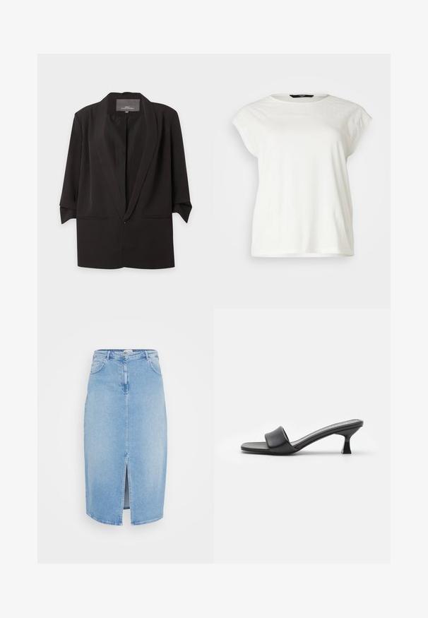 Sort åben blazer med hak-kraver, trekvartlange ærmer og to forlommer med slidser, vist mod en hvid baggrund.; Hvid kortærmet t-shirt med tekstureret blondeindsats, rund halsudskæring og en afslappet pasform. Blødt bomuldsstof med fin detaljer på skuldrene.; Lys blå denimnederdel med lige snit, mellemlang design, forkantsspring, fem lommer og metalknapdetalje i taljen.; Sorte hæle mules med en glat, mat læderoverdel, åben tå, bred rem over vristen og slank, firkantet hæl.