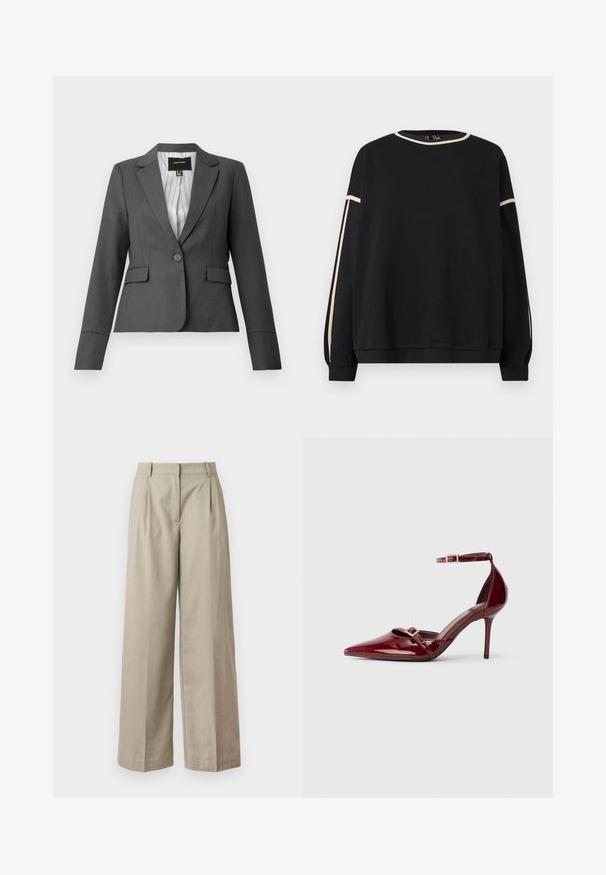 Mørkegrå enkeltknappet skræddersyet blazer med notch-krave, klaplommer og stribet inderfor, vist på en hvid baggrund.; Sort langærmet sweatshirt med beige kant langs halsudskæringen og ærmerne, der har en løs pasform og ribbede manchetter og kant.; Bage brede bukser lavet af glat stof, med en tætsiddende talje, læg og en løs pasform gennem benene. Enkel design og rene linjer.; Bordeaux lakerede højhælede sko med spids tå, ankelrem og dekorative sølvspænde detaljer. Glat tekstur og strømlinet design.