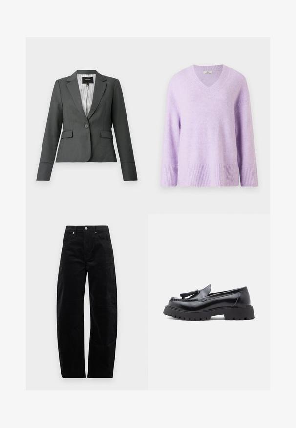 Mørkegrå enkeltknappet skræddersyet blazer med notch-krave, klaplommer og stribet inderfor, vist på en hvid baggrund.; V-hals pullover striktrøje i blød lys lavendel, lavet af tekstureret stof, med 3/4 ærmer og ribkant ved bund og ærmer.; Sorte lige kordfløjlsbukser med knap- og lynlåslukning foran, front- og baglommer, vist mod ensfarvet baggrund.; Sorte læderloafer med spids snit, kvastdetalje og chunky gummisål med slidmønster for godt greb.