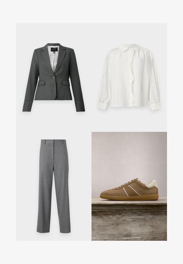 Mørkegrå enkeltknappet skræddersyet blazer med notch-krave, klaplommer og stribet inderfor, vist på en hvid baggrund.; Hvid skjorte med knapper og volang-detalje, lange ærmer og klassisk krave. Teksturret stof med subtile lodrette linjer.; Herregrå skræddersyede bukser med lige ben, talje med bæltestropper og skjult frontlukning.; Brune suedette sneakers med hvide detaljer, flade snørebånd og tekstureret overdel. Letvægtsdesign og gummisål. Klassisk atletisk stil.