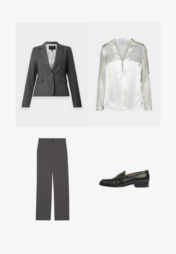 Donkergrijze, getailleerde blazer met één knoop, inkepingkraag, klepzakken en gestreepte voering, afgebeeld op een witte achtergrond.; STUDIO ID ALYSSA - Blouse - champagne; Grijze broek met een recht model, voorzien van twee zijzakken en een knoopsluiting. Gladde stof zonder zichtbare patronen of accenten.; Scarosso Instappers - black calf