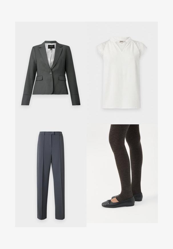 Donkergrijze, getailleerde blazer met één knoop, inkepingkraag, klepzakken en gestreepte voering, afgebeeld op een witte achtergrond.; Witte mouwloze blouse met kanten kapmouwen en een kleine gerimpelde V-halskraag, getoond op een effen achtergrond.; Grijze, op maat gemaakte broek met een rechte pijp, geplooide voorkant en een gladde textuur. De tailleband heeft riemlussen voor een verstelbare pasvorm.; Benen met donkere geribbelde leggings gecombineerd met zwarte ballerina's met kleine strikdetails op een witte achtergrond.