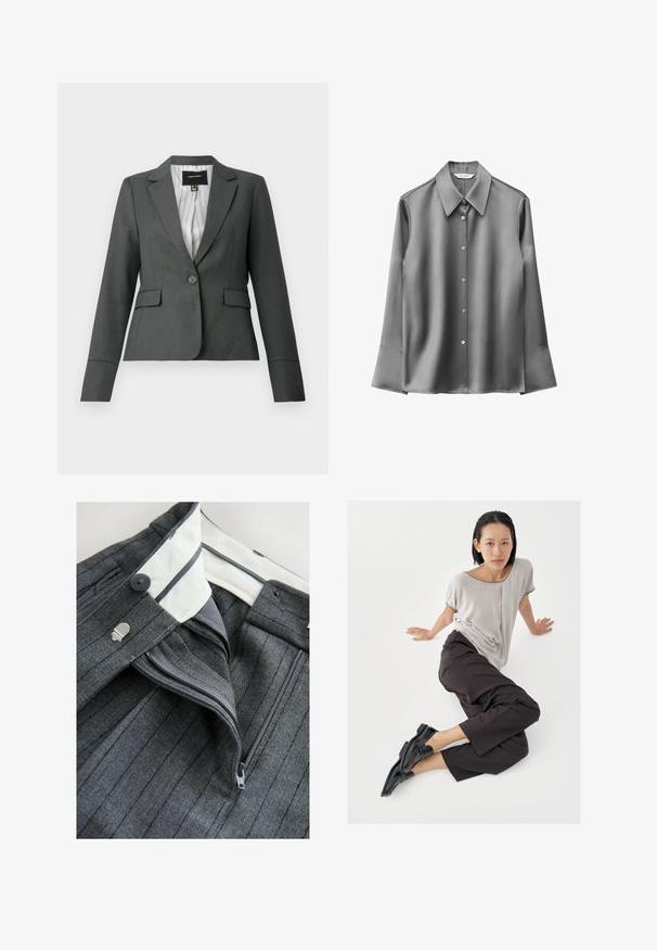 Donkergrijze, getailleerde blazer met één knoop, inkepingkraag, klepzakken en gestreepte voering, afgebeeld op een witte achtergrond.; Grijs satijnen overhemd met lange mouwen, een puntige kraag, knoopsluiting en wijde manchetten. Gladde textuur met een subtiele glans.; Grijze pinstripe broeken hebben een rits en knoopsluiting aan de voorkant, met een binnenvoering in wit en grijs. Zachte textuur met een op maat gemaakte ontwerp.; Lichtgrijze top met korte mouwen, donkere wijde broekspijpen en zwarte loafers. Soepele stof, ontspannen pasvorm en contrasterende bies op het shirt.