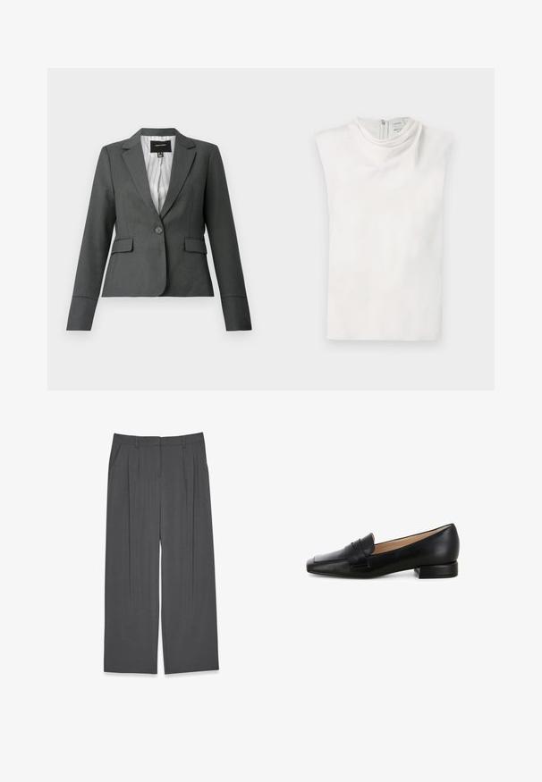 Donkergrijze, getailleerde blazer met één knoop, inkepingkraag, klepzakken en gestreepte voering, afgebeeld op een witte achtergrond.; Wit mouwloos topje met een opstaande kraag en rits aan de achterkant, plat gelegd op een witte achtergrond.; Grijze wijde broek met een gladde stof, voorzien van plooien aan de voorkant en zijzakken. Eenvoudig ontwerp met een gestructureerde pasvorm.; Zwarte leren loafer met een platte hak, vierkante neus en een gestikte banddetail over de voorkant. Gladde textuur met een gepolijste afwerking.