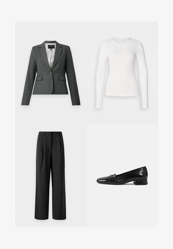 Mørkegrå enkeltknappet skræddersyet blazer med notch-krave, klaplommer og stribet inderfor, vist på en hvid baggrund.; Hvid langærmet skjorte lavet af et blødt, glat stof; har en rund halsudskæring og en tætsiddende facon uden mønstre eller pynt.; Sorte brede bukser lavet af tekstureret stof, med forkødsfolder og skræddersyet talje, designet til at have en løs pasform.; Sorte patentlæder balletflade med spids tå, lav firkantet hæl og en lille metallisk spænde detalje på remmen. Glat tekstur.
