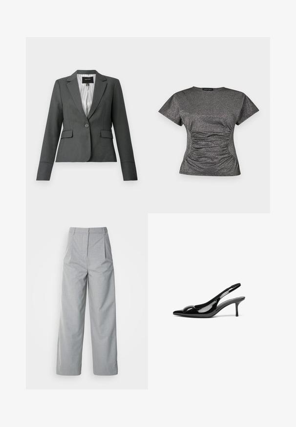 Dunkelgrauer, einreihiger, taillierter Blazer mit Reverskragen, Pattentaschen und gestreiftem Innenfutter, abgebildet vor weißem Hintergrund.; Kurzärmliges, dunkelgraues Oberteil mit metallic Glitzer, rundem Halsausschnitt und gerafftem Rüschendetail in der Taille.; Grauweite Beinhosen aus strukturiertem Stoff, mit hoher Taille, Falten an der Vorderseite und geradem Schnitt bis zum Saum.; Schwarze patentierte Slingback-Absätze mit spitzem Zehenbereich und glänzender Oberfläche. Besitzt einen schlanken Absatz und eine abgerundete Akzentuierung am Schuhoberteil.