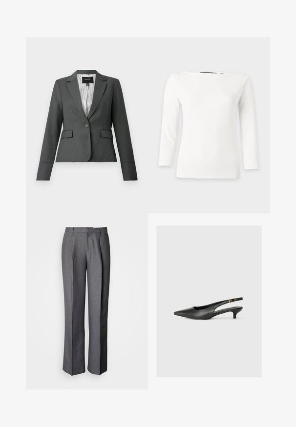 Dunkelgrauer, einreihiger, taillierter Blazer mit Reverskragen, Pattentaschen und gestreiftem Innenfutter, abgebildet vor weißem Hintergrund.; Weißes langärmeliges, geripptes Strickoberteil mit weitem Rundhalsausschnitt und figurbetonter Silhouette.; Graue, maßgeschneiderte Hose mit flacher Vorderseite, geraden Beinen und dezenter Textur; verfügt über Seitentaschen und einen glatten Bund.; Schwarzer Slingback-Schuh mit spitzem Zehenbereich aus glattem Leder. Mit einem dünnen Absatz und einer dekorativen Schnalle am verstellbaren Riemen.