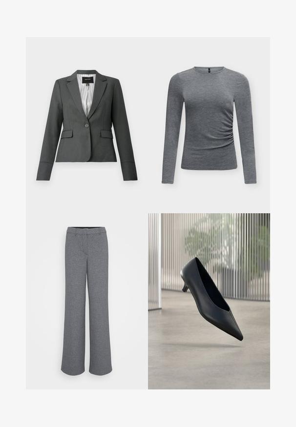 Donkergrijze, getailleerde blazer met één knoop, inkepingkraag, klepzakken en gestreepte voering, afgebeeld op een witte achtergrond.; Grijze nauwsluitende top met lange mouwen, ronde halslijn en geplooide details aan de zijkant op een effen achtergrond.; Grijze wijde pantalon gemaakt van textuurstof, met een voorzak, riemlussen en een aansluitende tailleband.; Zwarte kitten heel schoen met puntige neus die boven een gladde betonnen vloer zweeft, met verticale doorschijnende panelen op de achtergrond.