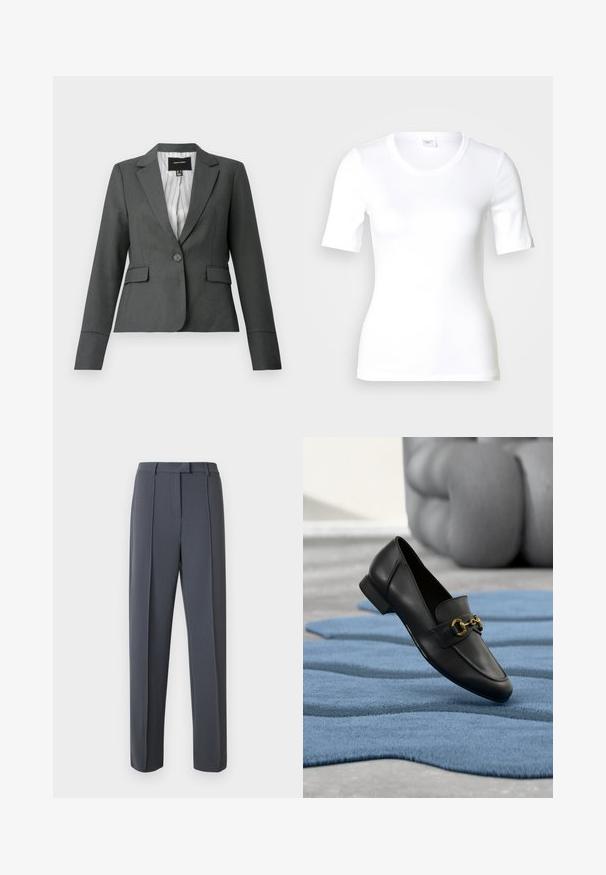 Donkergrijze, getailleerde blazer met één knoop, inkepingkraag, klepzakken en gestreepte voering, afgebeeld op een witte achtergrond.; Wit T-shirt met korte mouwen van glad katoen, met een ronde halslijn en een aangesloten pasvorm. Klassiek ontwerp, zonder patronen of accenten.; Grijze, op maat gemaakte broek met een rechte pijp, geplooide voorkant en een gladde textuur. De tailleband heeft riemlussen voor een verstelbare pasvorm.; Zwarte leren loafer met gouden gespdetail, geplaatst op een gestructureerd blauw vloerkleed en met een vervaagde grijze sculptuur op de achtergrond.