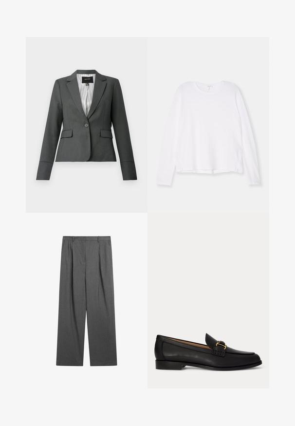 Mørkegrå enkeltknappet skræddersyet blazer med notch-krave, klaplommer og stribet inderfor, vist på en hvid baggrund.; Hvid langærmet skjorte lavet af blødt stof, med rund halsudskæring, afslappet pasform og sideskæringer ved kanten for nem bevægelse.; Mørkegrå pinstripe bukser med vid ben, bæltestropper, for-pli og lukning med krog og stang.; Sort læderloafer med lille hæl og dekorativt gyldent spænde foran, vist fra siden på en hvid baggrund.