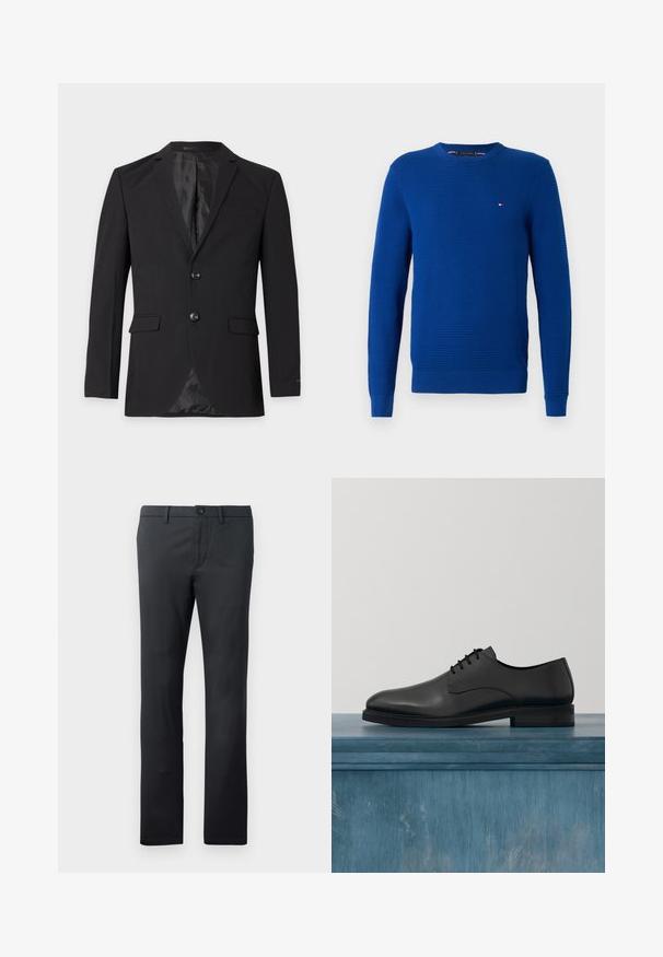 Μαύρο επίσημο blazer ανδρών με δύο κουμπιά, πέτα με αυλάκι, τσέπες με καπάκι και τσέπη στο στήθος, εμφανιζόμενο σε απλό φόντο.; Μπλε πλεχτό πουλόβερ, στρογγυλή λαιμόκοψη, μακριά μανίκια, υφή μοτίβου, ριμπ μανσέτες και στρίφωμα, μικρή λογότυπη λεπτομέρεια στο στήθος, κατασκευασμένο από μαλακό ύφασμα.; Μαύρα παντελόνια κατασκευασμένα από λείο ύφασμα, με κανονική γραμμή, μπροστινές τσέπες, κλείσιμο με κουμπί και θηλιές ζώνης.; Μαύρο δερμάτινο παπούτσι με λείο επιφάνειας, σχέδιο με δέσιμο, στρογγυλή μύτη και αντίθετη ραφή γύρω από την σόλα.