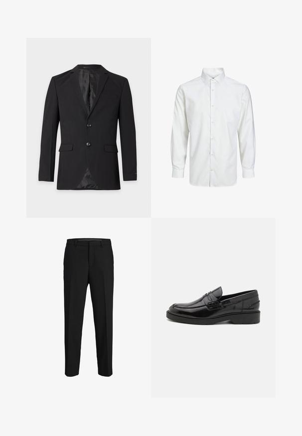 Zwarte formele herenblazer met twee knopen, een inkeping in het revers, klepzakken en een borstzakje, getoond tegen een effen achtergrond.; Wit overhemd met lange mouwen, knoopsluiting, puntige kraag en knoopmanchetten, getoond op een effen witte achtergrond.; Zwarte broeken van een gladde stof, met een rechte snit, riemlussen en een platte voorkant zonder zichtbare patronen of versieringen.; Zwarte leren instappers met een gladde afwerking, ronde neus, lage hak en decoratieve stiksels aan de voorkant. Rubberen buitenzool voor grip.