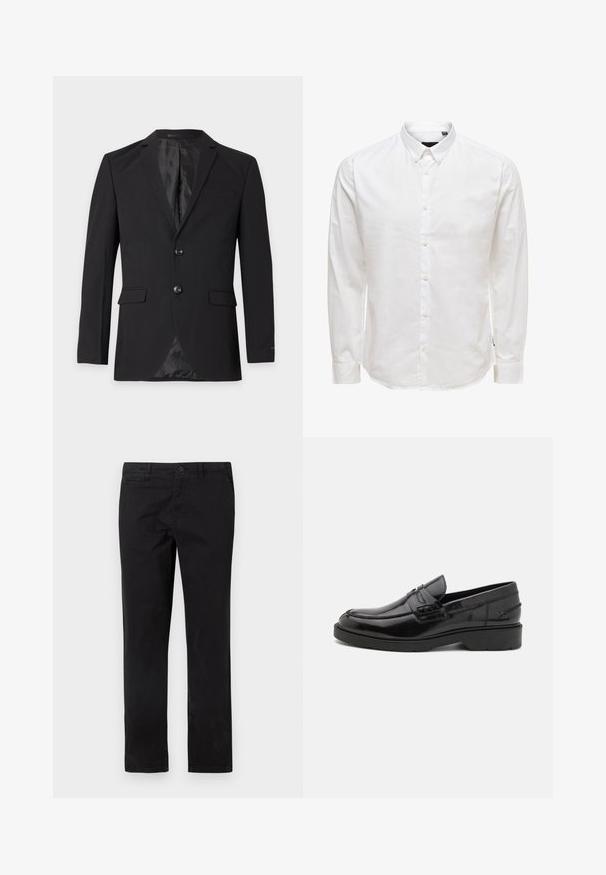 Zwarte formele herenblazer met twee knopen, een inkeping in het revers, klepzakken en een borstzakje, getoond tegen een effen achtergrond.; Witte lange mouw knopsluiting shirt met een kraag, met een gladde textuur en zes knopen aan de voorkant. Getailleerde pasvorm met manchet mouwen.; Zwarte katoenen chinos met een recht silhouet, voorzien van een knoopsluiting en voorzakken, een gladde textuur en minimale stikdetails.; Zwarte leren instappers met een gladde afwerking, ronde neus, lage hak en decoratieve stiksels aan de voorkant. Rubberen buitenzool voor grip.