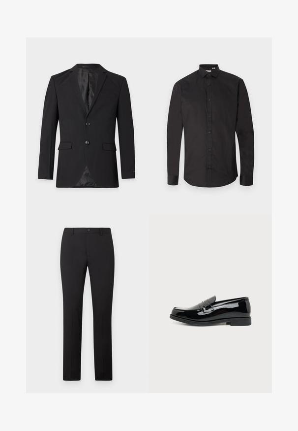 Zwarte formele herenblazer met twee knopen, een inkeping in het revers, klepzakken en een borstzakje, getoond tegen een effen achtergrond.; Zwarte longsleeve van glad katoen, met een knoopsluiting aan de voorkant, klassieke kraag en afgeronde zoom. Eenvoudig ontwerp, geen patronen.; Zwarte, op maat gemaakte broek met een rechte pijp, voorzien van een knoopsluiting en riemlussen. Gemaakt van gladde stof zonder zichtbare patronen.; Zwarte glanzende leren loafer met een lage hak en een bandje over de bovenkant, zijaanzicht op een witte achtergrond.