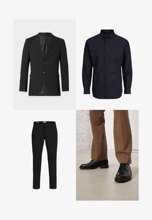 Zwarte formele herenblazer met twee knopen, een inkeping in het revers, klepzakken en een borstzakje, getoond tegen een effen achtergrond.; Navy blauwe blouse met lange mouwen, standaard kraag, voorste sluiting, gladde textuur en knoopsluiting bij de manchetten.; Zwart slim-fit broek met riemlussen, voorsluiting met knoop en rits, weergegeven tegen een witte achtergrond.; Zwarte leren schoenen met een gladde oppervlakte en een ronde neus, metveterafsluiting en een lage, platte zool. Gecombineerd met bruine broeken.