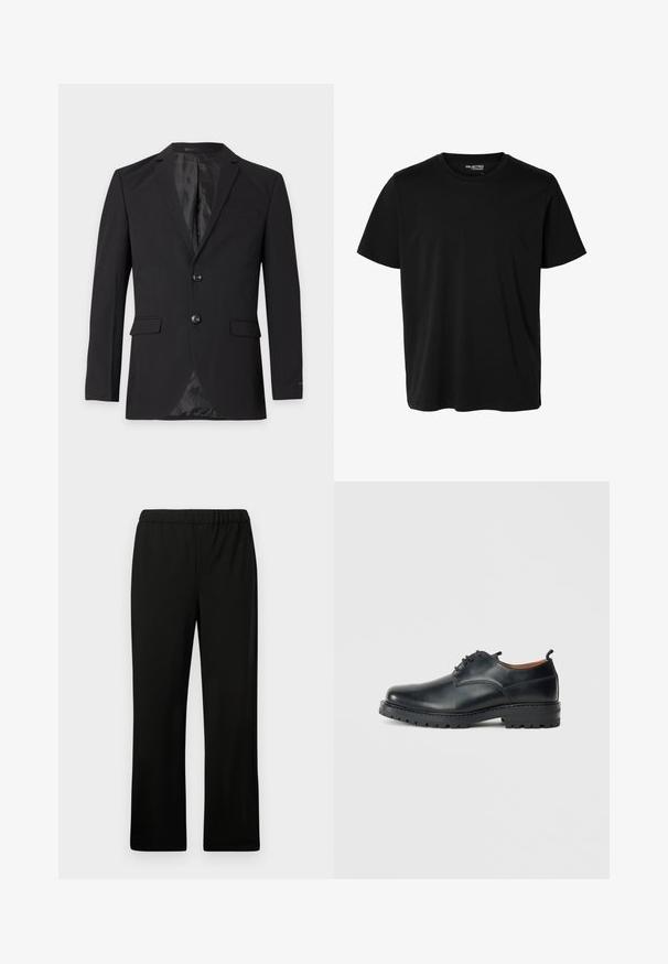 Zwarte formele herenblazer met twee knopen, een inkeping in het revers, klepzakken en een borstzakje, getoond tegen een effen achtergrond.; Effen zwarte korte mouwen t-shirt met ronde hals in mannenmodel, zonder zichtbare patronen of logo's aan de voorkant.; Zwarte elastische taillebroek met een recht model. Gemaakt van een gladde stof, zonder zichtbare patronen of versieringen.; Zwarte leren derby schoenen met een gladde textuur, ronde neus, vetersluiting en een dikke, robuuste rubberen zool.