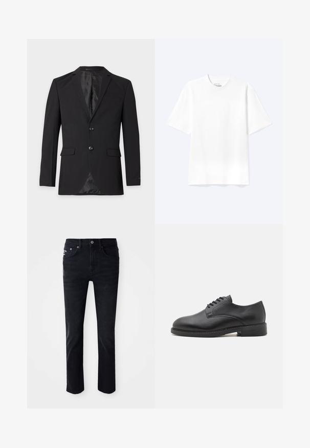 Μαύρο επίσημο blazer ανδρών με δύο κουμπιά, πέτα με αυλάκι, τσέπες με καπάκι και τσέπη στο στήθος, εμφανιζόμενο σε απλό φόντο.; Απλό λευκό T-shirt με κοντά μανίκια και στρογγυλή λαιμόκοψη, σε άνετη εφαρμογή, παρουσιασμένο σε ανοιχτό φόντο.; Μαύρα τζιν παντελόνια με κανονική γραμμή, που διαθέτουν πέντε τσέπες, φερμουάρ μπροστά και μεταλλικά εξαρτήματα, παρουσιάζοντας μια λεία υφή.; Μαύρο δερμάτινο παπούτσι οxfόρδου με στρογγυλή μύτη, που διαθέτει λεία επιφάνεια, κλείσιμο με πέντε οπές και χαμηλό ψηλό τακούνι.