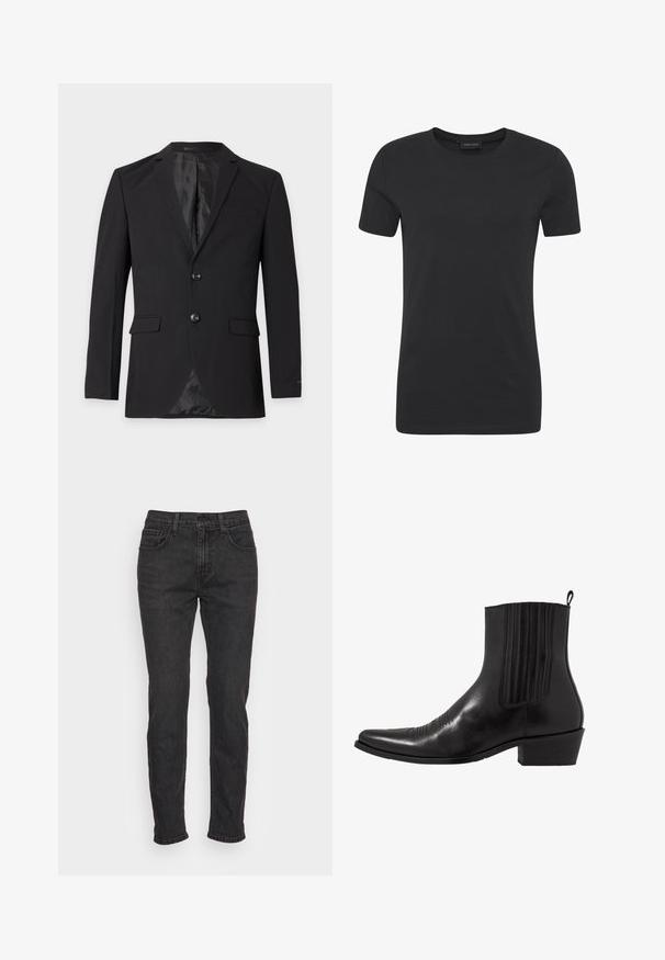 Zwarte formele herenblazer met twee knopen, een inkeping in het revers, klepzakken en een borstzakje, getoond tegen een effen achtergrond.; Zwart T-shirt met korte mouwen en ronde hals, eenvoudig ontwerp en casual pasvorm.; Zwarte denim jeans met een slim fit, voorzien van vijf zakken, riemlussen en subtiele stiksels. Versleten textuur over de stof.; Zwarte leren enkellaarzen met een spitse neus, elastische zijpanele, verticale stiksels en een lage blokhak.