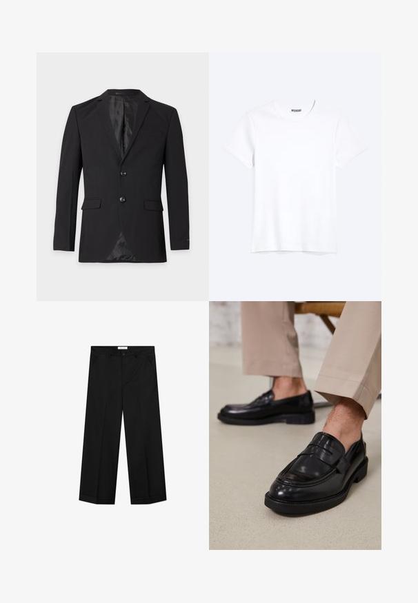 Zwarte formele herenblazer met twee knopen, een inkeping in het revers, klepzakken en een borstzakje, getoond tegen een effen achtergrond.; Effen witte T-shirt met korte mouwen en ronde hals met een zichtbaar WEEKDAY-merklabel bij de nek, weergegeven op een lichte achtergrond.; Zwarte wijde broekspijpen gemaakt van een glad materiaal, voorzien van zakken aan de voorkant, een knoopsluiting en een vouw in elke pijp.; Zwarte leren loafers met een gladde afwerking, voorzien van een decoratieve band en contrasterende stiksels, gecombineerd met beige broeken.