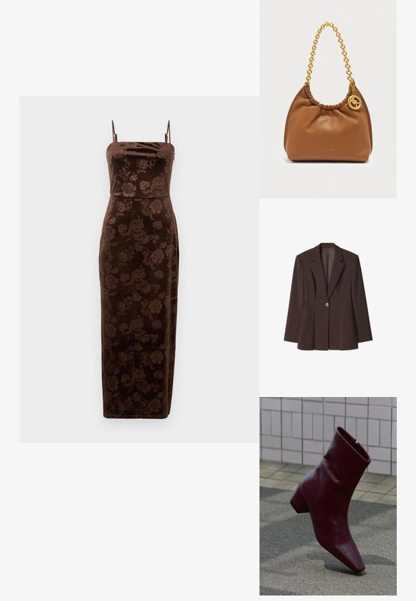 Brun struktureret blazer med en enkelt knaplukning, skarpe revers og unikke plissé detaljer ved kanten. Glat stoftekstur.; Brun midikjole med blomsterprint, spaghetti-stropper, tekstureret fløjlstof, tætsiddende silhuet og en sideslids for nem bevægelse.; Bordeauxrød læderankelstøvle med blokhæl, spids tå og sidelås, sat op mod en flisebelagt væg og asfaltgrund.; Brun læderhåndtaske med guldkæde-rem og rund guldfarvet Michael Kors-logo ved siden.