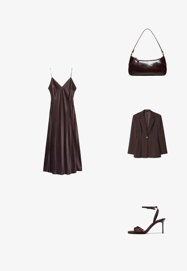 Bruine gestructureerde blazer met een enkele knoopsluiting, scherpe revers en unieke plooidetails aan de zoom. Soepele stofstructuur.; Chocoladebruine slipdress van satijn met een V-hals, dunne bandjes en een vloeiende zoom die halverwege de kuit valt. Soepele textuur en minimalistisch ontwerp.; Donkerbruine sandaal met hoge hak, dunne enkelriem en open teen, voorzien van een gekruiste voorband en stilettohak.; Donkerbruine leren schoudertas met een enkele band en ritssluiting, rechthoekige vorm met afgeronde hoeken op een witte achtergrond.