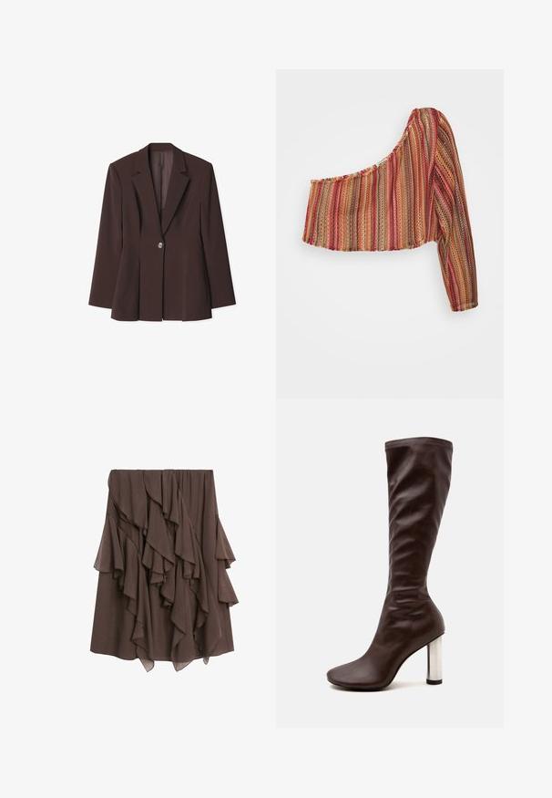 Bruine gestructureerde blazer met een enkele knoopsluiting, scherpe revers en unieke plooidetails aan de zoom. Soepele stofstructuur.; TOMMAZO ISIDOR ONE SHOULDER CROP - Trui - multicolour; Bruine midi-rok met gelaagde asymmetrische ruches en lichte stofdetails.; Donkerbruine kniehoge leren laars met een vierkante neus en een dikke metalen zilverkleurige cilindervormige hoge hak.