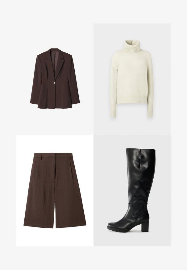 Brun struktureret blazer med en enkelt knaplukning, skarpe revers og unikke plissé detaljer ved kanten. Glat stoftekstur.; Lys beige turtleneck trøje lavet af blødt, fuzzy stof. Har en ribbet hals og manchetter. Kasseformet med dropped shoulders.; Brune højtaljede brede shorts med bæltestropper og lynlås foran.; Sorte knælange støvler lavet af glat læder med en kraftig hæl og en rund tå. Har minimal syning og et beskedent, strømlinet design.
