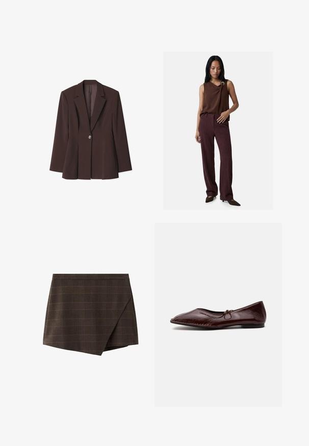 Bruine gestructureerde blazer met een enkele knoopsluiting, scherpe revers en unieke plooidetails aan de zoom. Soepele stofstructuur.; Vrouw draagt een mouwloze bruine top met ringdetail en een brede broek met hoge taille, bruin met krijtstrepen, staand met één hand op de heup.; Bruine ruitjeswikkelrok met een gestructureerd ontwerp, inzet tailleband en een licht schuin aflopende zoom, gemaakt van gestructureerde stof.; Shiny donkerbruine platte schoen met puntige neus en klein strikdetail bovenop, getoond op een effen lichte achtergrond.