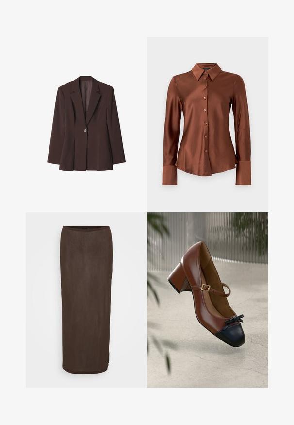 Bruine gestructureerde blazer met een enkele knoopsluiting, scherpe revers en unieke plooidetails aan de zoom. Soepele stofstructuur.; Bruine satijnen blouse met lange mouwen, knoopsluiting aan de voorkant en een puntige kraag. Heeft een gestructureerde afwerking en een gebogen zoom.; Bruine, knielange, aansluitende rok met een soepele textuur en een lichte glans. Kenmerkt zich door een afgeronde zoom en een subtiele zijsplitsing voor bewegingsvrijheid.; Bruine leren Mary Jane hak met zwarte neuskap, zwart strikje, gouden gespsluiting en blokhak op lichte, gestructureerde vloer.