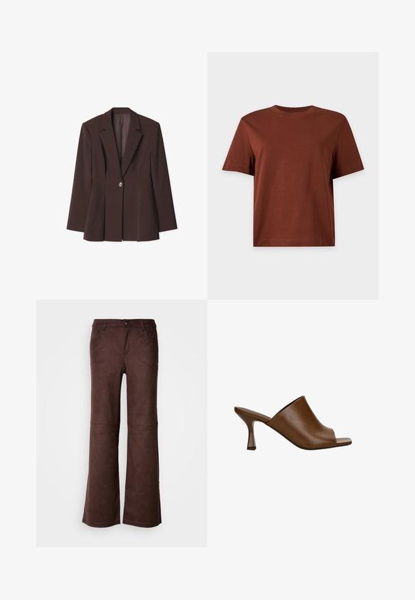 Brun struktureret blazer med en enkelt knaplukning, skarpe revers og unikke plissé detaljer ved kanten. Glat stoftekstur.; Ensfarvet brun kortærmet bomulds T-shirt med rund halsudskæring, vist mod en lys grå baggrund.; Brune flagrende bukser i et blødt, suede-lignende stof. Har fire lommer, en knaplukning og en glat, tekstureret overflade.; Brun læder-mule med åben tå, mellem-høj buet hæl og glat overlæder, der dækker forfoden.