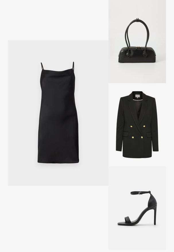 Blazer negro de corte doble con tejido suave, que presenta botones dorados, solapas pronunciadas, bolsillos frontales y una silueta entallada.; Vestido de satén negro tipo slip con finas tirantes dobles y escote recto, de longitud a la rodilla, exhibido sobre un fondo blanco.; Sandalia de tacón alto negra con un diseño elegante, que cuenta con una correa en el tobillo, punta abierta y una textura de cuero suave.; Bolso de mano de cuero negro con dos asas alargadas, cierre de cremallera y forma redondeada; textura suave con un acabado ligeramente brillante.