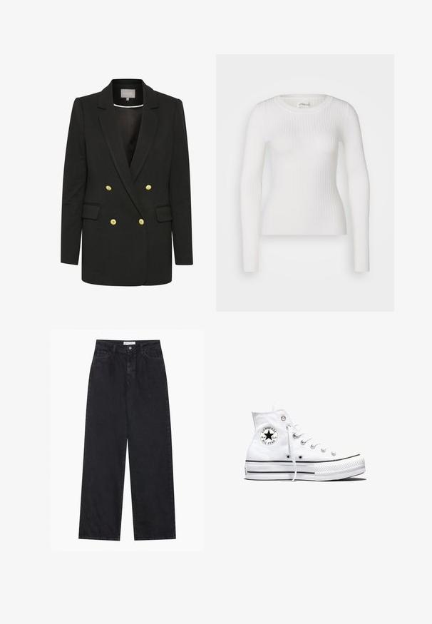 Blazer negro de corte doble con tejido suave, que presenta botones dorados, solapas pronunciadas, bolsillos frontales y una silueta entallada.; Top blanco de manga larga con costuras acanaladas y escote redondo. La tela es suave, con una textura sutil y un diseño ajustado. Sin hardware ni patrones visibles.; Jeans de mezclilla negros de talle alto y pierna ancha con cierre frontal de botón y cremallera, pasadores para el cinturón y estilo de cinco bolsillos.; Zapatilla blanca de caña alta Converse Chuck Taylor All Star con parche de logo negro y cordones blancos, presentada sobre fondo blanco.