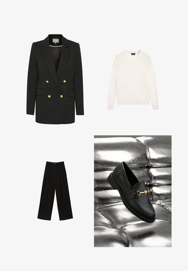 Sort dobbeltradet blazer lavet af blødt stof, med guld knapper, spidse klapper, frontlommer og en skræddersyet silhuet.; Lyserød strikket sweatshirt med rund hals, lange ærmer og ribbede manchetter og kant. Blød tekstur, enkelt og plain design.; Sorte brede bukser med høj talje, der har et bælte i taljen og plisseringer for tekstur. Fremstillet af et glat, letvægtsstof.; Sorte læder loafers med en guldfarvet hardware detalje. Skoen har et elegant design og en glat, skinnende overflade.