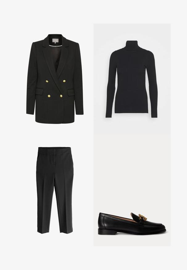 Blazer negro de corte doble con tejido suave, que presenta botones dorados, solapas pronunciadas, bolsillos frontales y una silueta entallada.; Suéter ajustado de canalé negro con cuello alto, que presenta mangas largas y una silueta ceñida. La textura es suave con un patrón de canalé horizontal.; Pantalones negros cropped con una cinturilla ancha, que cuentan con una textura suave, piernas ajustadas y aberturas laterales en el dobladillo para un detalle adicional.; Mocasín negro de piel con tacón bajo y detalle de hebilla metálica en tono dorado en la parte superior, mostrado de perfil sobre fondo blanco.