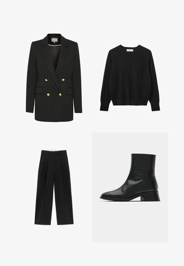 Blazer negro de corte doble con tejido suave, que presenta botones dorados, solapas pronunciadas, bolsillos frontales y una silueta entallada.; Suéter negro hecho de una tela suave, con cuello redondo, mangas largas y puños y dobladillo acanalados. Diseño simple sin patrones visibles.; Pantalones negros de pierna ancha con pliegues frontales, trabillas para cinturón y bolsillos laterales, diseñados para un ajuste entallado.; Botín negro de tobillo hecho de cuero brillante, con un diseño elegante, punta afilada y un tacón bloque moderado para mayor estabilidad.