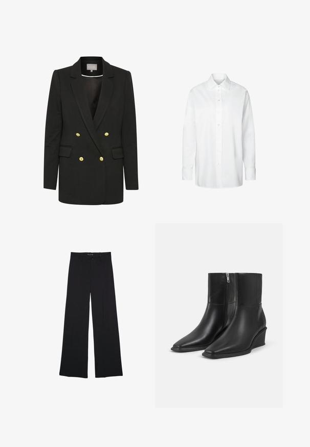 Schwarzer, doppelreihiger Blazer aus weichem Stoff, mit goldenen Knöpfen, gewölbten Revers, Fronttaschen und maßgeschneiderter Silhouette.; Weißes langärmliges Hemd mit Knopfleiste, spitzem Kragen und Manschetten, vor einfachem Hintergrund dargestellt.; Schwarze Hosen mit weitem Bein, Gürtelschlaufen, vorderer Knopfleiste und Reißverschluss, flach auf einem weißen Hintergrund liegend.; Paar schwarze Leder-Stiefeletten mit spitzen Zehen, Keilabsätzen und seitlichen Reißverschlussverschlüssen auf einfachem hellem Hintergrund.