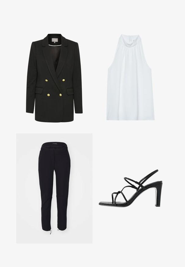 Blazer noir croisé en tissu doux, avec des boutons dorés, des revers pointus, des poches avant et une silhouette cintrée.; Haut sans manches blanc avec un col montant, en tissu doux, présentant des détails froncés au niveau du col et une fermeture éclair dissimulée à l'arrière.; Pantalon noir avec une texture lisse, présentant un design ajusté, une taille élastique, deux poches et des poignets ajustables avec cordons de serrage.; Sandales noires à talons avec des fines lanières, une finition texturée, bout ouvert et un design de talon pointu et élégant. Équipées d'une semelle intérieure lisse et d'une surface brillante.