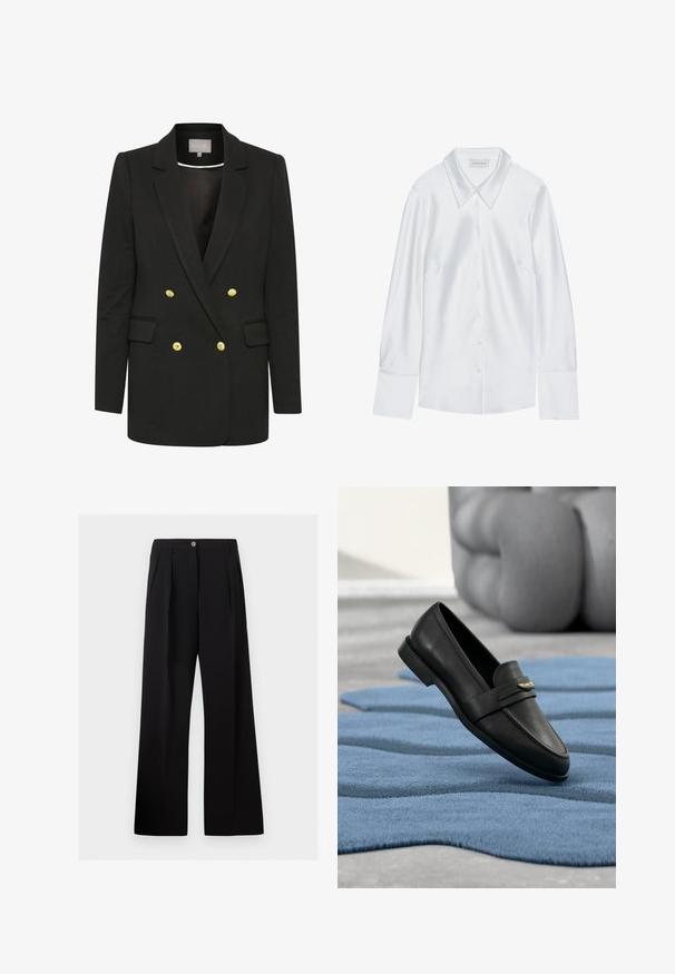 Schwarzer, doppelreihiger Blazer aus weichem Stoff, mit goldenen Knöpfen, gewölbten Revers, Fronttaschen und maßgeschneiderter Silhouette.; Weißes Langarmhemd mit klassischem Kragen, mit durchgehender Knopfleiste und glatter Textur, gefertigt aus leichtem Stoff mit einem dezenten Glanz.; Schwarze, hoch taillierte Hose mit weitem Bein, vorderen Falten, Gürtelschlaufen und Knopfverschluss am Bund.; Schwarzer Lederloafer mit goldenem Dekodetail auf blauem, strukturiertem Teppich mit abstrakten Formen und verschwommenem, geschwungenem grauen Objekt im Hintergrund.