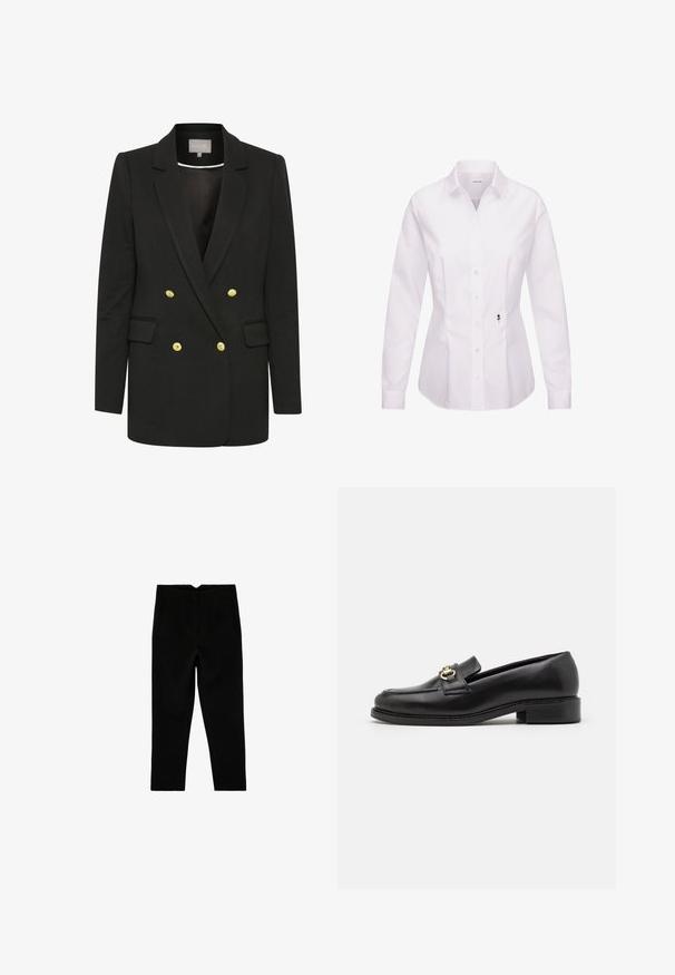Sort dobbeltradet blazer lavet af blødt stof, med guld knapper, spidse klapper, frontlommer og en skræddersyet silhuet.; Hvid langærmet skjorte med knapper, klassisk krave, frontplade, sidesømme og en sort broderet rosedetalje nær kanten.; Sorte skræddersyede ankelkorte bukser med sidelommer og let tilspidset ben, vist fladt på en hvid baggrund.; Sort læder loafer med en lav blokhæl, der har en guldfarvet hardwaredetalje og detaljeret syning langs tåen og overdelen.