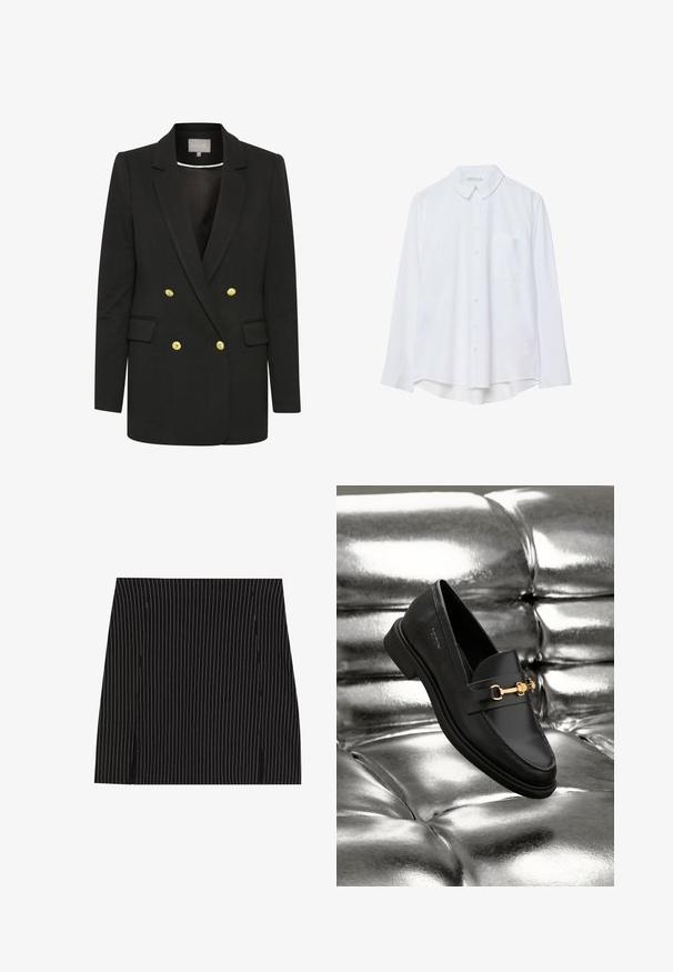 Schwarzer, doppelreihiger Blazer aus weichem Stoff, mit goldenen Knöpfen, gewölbten Revers, Fronttaschen und maßgeschneiderter Silhouette.; Weißes Langarm-Hemd mit Knopfverschluss, Kragen und einer einzelnen Brusttasche, leicht geschwungener Saum, auf weißem Hintergrund präsentiert.; Schwarzer Rock mit vertikalen weißen Streifen, gerades Design und kleinen seitlichen Schlitzen am Saum. Glatte Textur, taillierte Passform.; Schwarze Leder-Loafer mit goldfarbener Hardware. Der Schuh zeichnet sich durch ein elegantes Design und eine glatte, glänzende Oberfläche aus.
