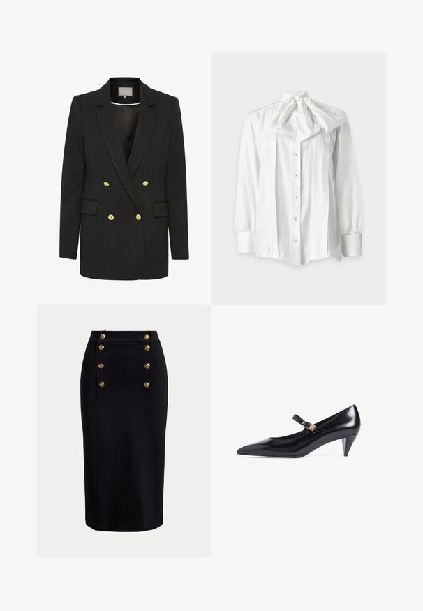 Zwarte dubbelzijdige blazer van zachte stof, met gouden knopen, piek-uitsneden, voorzakken en een getailleerd silhouet.; Witte blouse met lange mouwen, knopen aan de voorkant en een grote strik bij de hals, met geplooide details aan de voorkant.; Zwarte kokerrok met hoge taille en verticale gouden knopen gerangschikt in twee rijen vlak bij de voorkant van de tailleband.; Zwarte Mary Jane pump van lakleer met een spitse neus, gebogen hak en verstelbare band met een goudkleurige gesp. Gladde textuur.