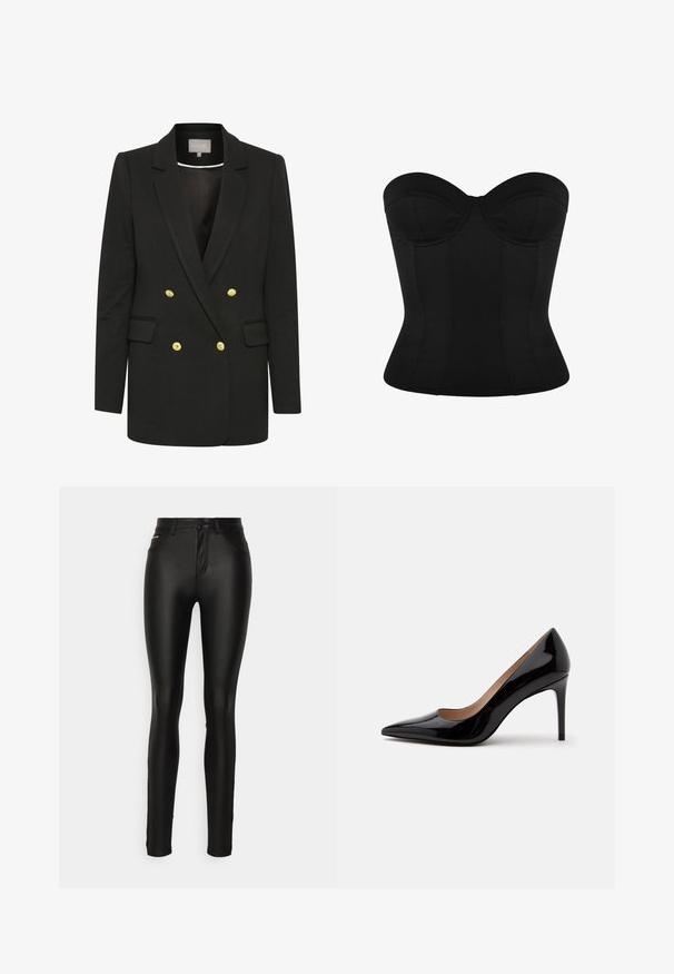 Schwarzer, doppelreihiger Blazer aus weichem Stoff, mit goldenen Knöpfen, gewölbten Revers, Fronttaschen und maßgeschneiderter Silhouette.; Schwarzes, trägerloses Korsettoberteil mit strukturierten Cups und tailliertem Schnitt, entworfen für Formgebung und Unterstützung.; ONLY Tall ONLROYAL PANT - Stoffhose - black; Schwarzer Lackleder-Pumps mit hohem Absatz, spitzer Schuhspitze und Stilettabsatz, seitlich auf einem schlichten weißen Hintergrund dargestellt.