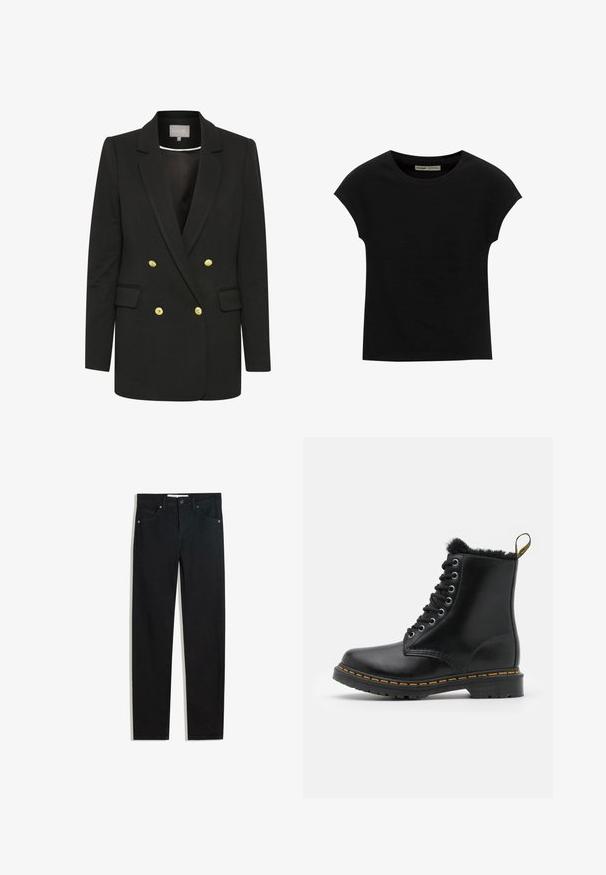 Sort dobbeltradet blazer lavet af blødt stof, med guld knapper, spidse klapper, frontlommer og en skræddersyet silhuet.; Sort T-shirt med korte ærmer og rund halsudskæring. Fremstillet af glat, elastisk bomuldsstof. Simpelt design uden mønstre eller grafik.; Sorte denimbukser med lige ben, fem lommer, metalknaplukning og diskrete syningsdetaljer. Glat tekstur.; Sorte læder ankelstøvler med rund tå, pelsfor, sølvøjer og gul syning langs sålen. Solid gummisål.