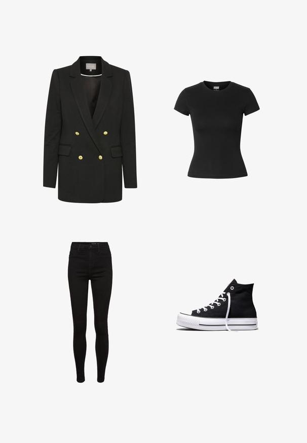 Blazer negro de corte doble con tejido suave, que presenta botones dorados, solapas pronunciadas, bolsillos frontales y una silueta entallada.; Camiseta negra ajustada de mujer con manga corta, cuello redondo y etiqueta Urban Classics en el interior del cuello.; Jeans skinny de denim negro con cintura alta, diseño de cinco bolsillos, pasadores para cinturón y detalles de costura sutiles. Textura suave, forma ajustada.; Zapatilla alta de lona negra con suela de goma blanca y cordones blancos, vista de lado sobre un fondo blanco.