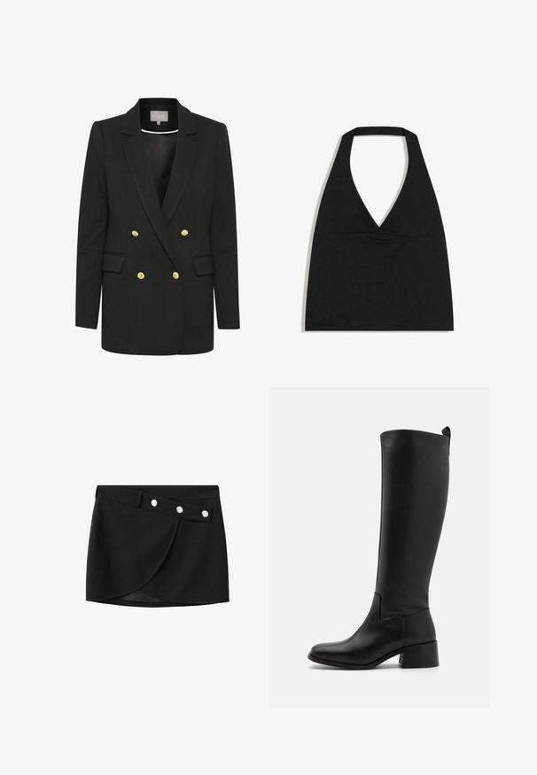 Zwarte dubbelzijdige blazer van zachte stof, met gouden knopen, piek-uitsneden, voorzakken en een getailleerd silhouet.; Zwarte haltercrop top met diepe V-halslijn en brede nekband tegen een witte achtergrond.; Zwarte wikkelrok met een gladde textuur, voorzien van een zijpaneelontwerp en metalen drukknopen als sluiting. Korte lengte.; Zwarte laarzen tot de knie, gemaakt van soepel leer, met een blokhak, ronde neus en een strakke, ongecompliceerde uitstraling.